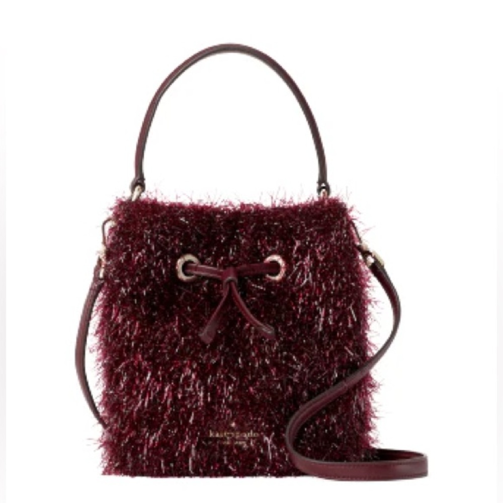 KATE SPADE CHERRY WOOD NATALIA TINSEL BUCKET CROSSBODY BAG NWT